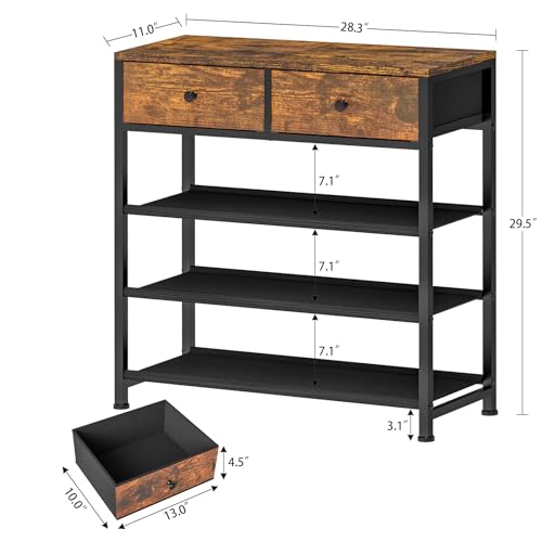 4 Tier Metal Shoe Rack Organizer with Drawers, 9-12 Pairs, Closet Entryway Stand - Rustic Brown
