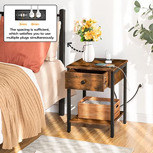 Rustic Brown Nightstand with Charging Station and Drawers