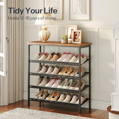Rustic Brown 5-Tier Metal Shoe Rack, Holds 16-20 Pairs