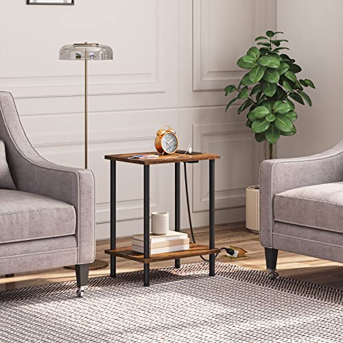 Rustic Brown Side Table with Charging Station and Storage Shelves for Small Spaces